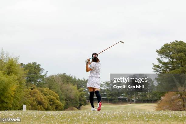 Kaori Aoyama of Japan hits a tee shot on the 9th hole during the final round of the Hanasaka Ladies Yanmar Golf Tournament at Biwako Country Club on...