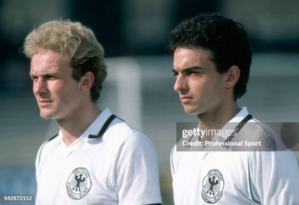 Karl-Heinz Rummenigge and Hansi Müller of West Germany before the UEFA Euro 1980 group game between West Germany and the Netherlands at the Stadio...