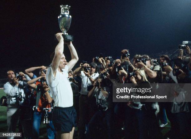 Horst Hrubesch of West Germany lifts the trophy after the UEFA Euro 1980 Final between Belgium and West Germany at the Stadio Olympico on June 22,...