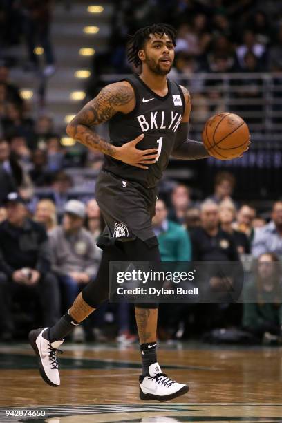 Angelo Russell of the Brooklyn Nets dribbles the ball in the second quarter against the Milwaukee Bucks at the Bradley Center on April 5, 2018 in...