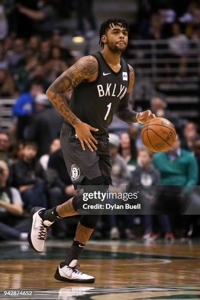 Angelo Russell of the Brooklyn Nets dribbles the ball in the second quarter against the Milwaukee Bucks at the Bradley Center on April 5, 2018 in...