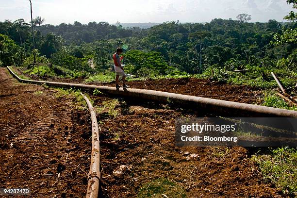 Child from the Huaorani tribe, who are native Amerindians from the Amazonian Region of Ecuador, stands on an oil pipeline belonging to China's...