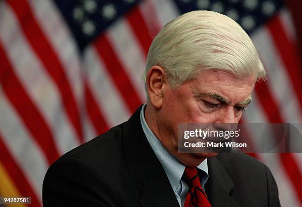 Sen. Christopher Dodd participates in a news conference on health care reform on Capitol Hill on December 11, 2009 in Washington, DC. The news...