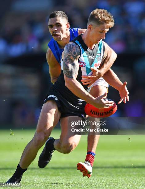 Charlie Cameron of the Lions tackles Hamish Hartlett of Port Adelaide during the round three AFL match between the Port Adelaide Power and the...