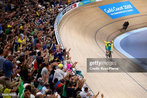 Brad Henderson of Australia and and pilot Tom Clarke celebrate winning bronze in the Men's B&VI Sprint Bronze Final during Cycling on day three of...