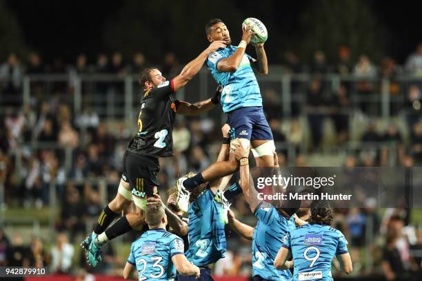 Patrick Tuipulotu of the Blues controls line out ball during the round eight Super Rugby match between the Chiefs and the Blues at Waikato Stadium on...
