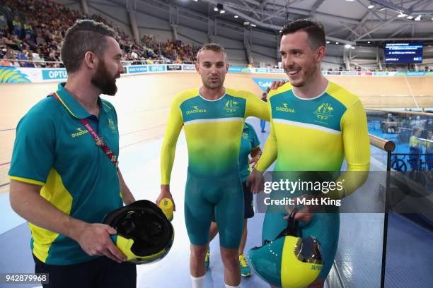 Brad Henderson of Australia and and pilot Tom Clarke celebrate winning bronze in the Men's B&VI Sprint Bronze Final during Cycling on day three of...