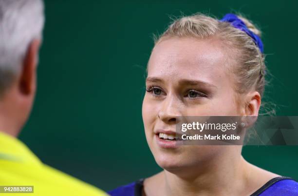 Elsabeth Black of Canada looks on as she wins gold in the Women's Individual All-Around Final during Gymnastics on day three of the Gold Coast 2018...