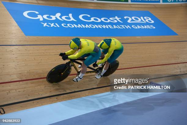 Australia's Jessica Gallagher and pilot Madison Janssen compete to win silver in the women's B&VI 1000m time trial finals cycling during the 2018...