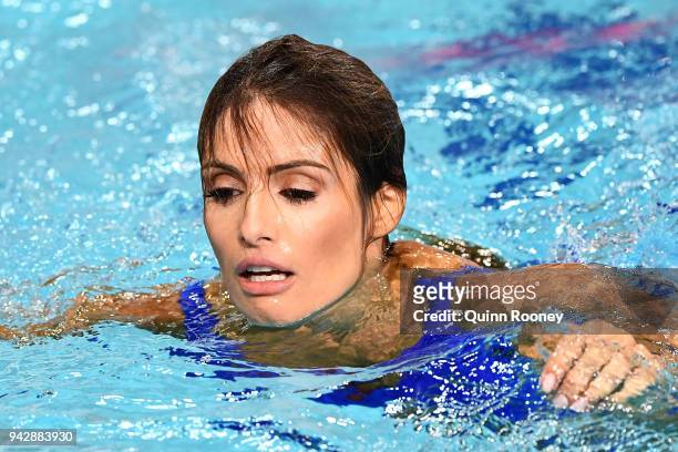 Ada Nicodemou takes part in the celebrity race on day three of the Gold Coast 2018 Commonwealth Games at Optus Aquatic Centre on April 7, 2018 on the...