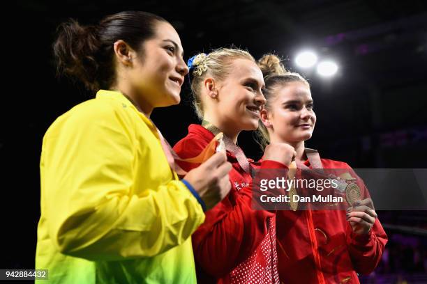 Silver medalist Georgia Godwin of Australia, gold medalist Elsabeth Black of Canada and bronze medalist Alice Kinsella of England pose during the...