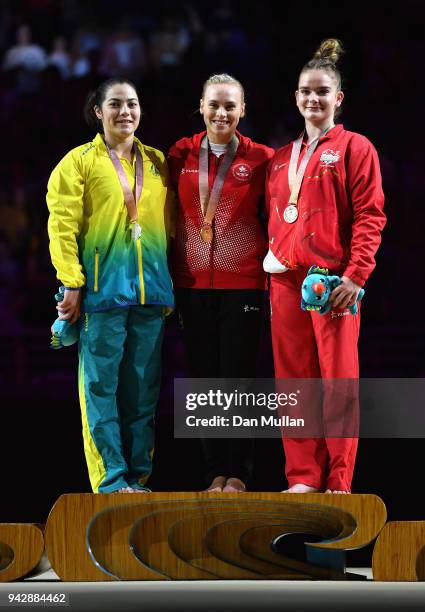 Silver medalist Georgia Godwin of Australia, gold medalist Elsabeth Black of Canada and bronze medalist Alice Kinsella of England pose during the...