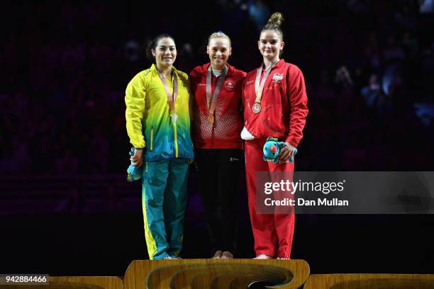 Silver medalist Georgia Godwin of Australia, gold medalist Elsabeth Black of Canada and bronze medalist Alice Kinsella of England pose during the...