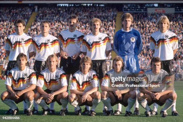 West Germany line up for a group photo before the UEFA Euro 1988 Semi Final between West Germany and the Netherlands at the Volksparkstadion on June...