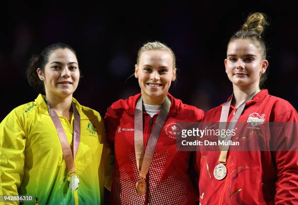 Silver medalist Georgia Godwin of Australia, gold medalist Elsabeth Black of Canada and bronze medalist Alice Kinsella of England pose during the...