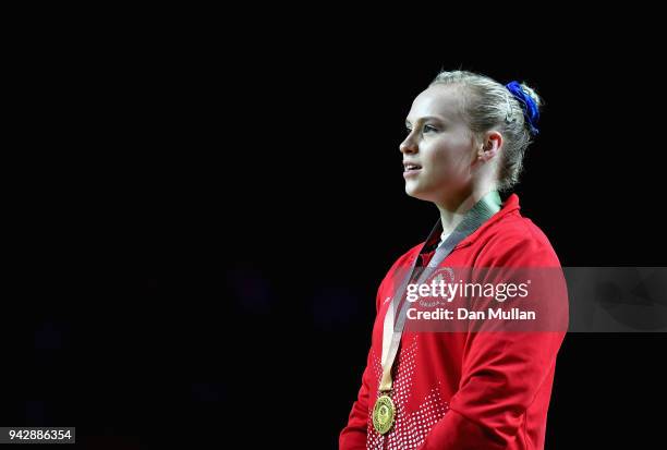 Gold medalist Elsabeth Black of Canada looks on during the medal ceremony for the Women's Individual All-Around Final during Gymnastics on day three...