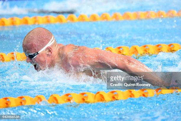 David Morgan of Australia competes during the Men's 200m Butterfly Final on day three of the Gold Coast 2018 Commonwealth Games at Optus Aquatic...
