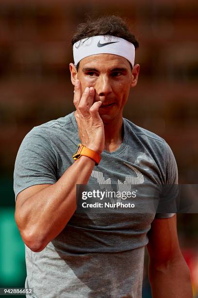 Rafael Nadal of Spain team looks on during day one of the Davis Cup World Group Quarter Finals match between Spain and Germany at Plaza de Toros de...