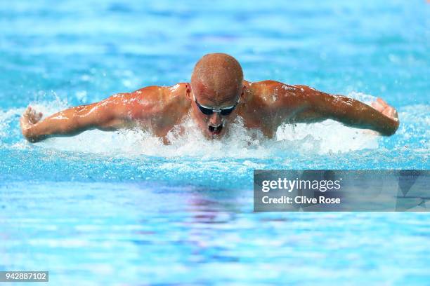 David Morgan of Australia competes during the Men's 200m Butterfly Final on day three of the Gold Coast 2018 Commonwealth Games at Optus Aquatic...