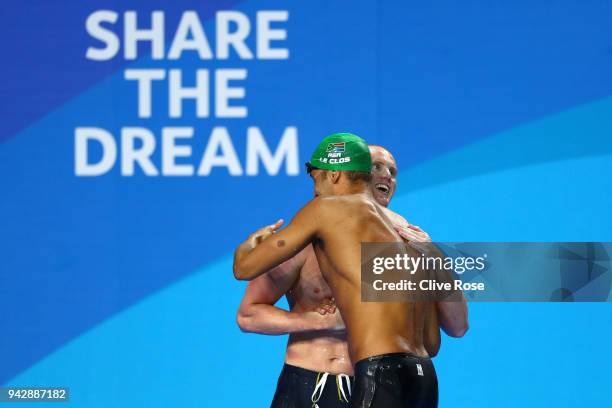 Chad le Clos of South Africa and David Morgan of Australia embrace following the Men's 200m Butterfly Final on day three of the Gold Coast 2018...