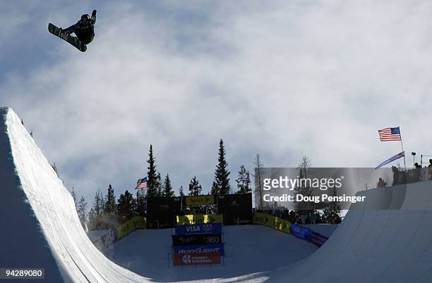 General view of the half pipe as a competitor goes airborne above the lip during the US Snowboarding Grand Prix Men's Qualifier on the Main Vein Half...