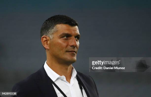 Roar coach John Aloisi walks in the pitch after losing the round 26 A-League match between the Western Sydney Wanderers and the Brisbane Roar at ANZ...