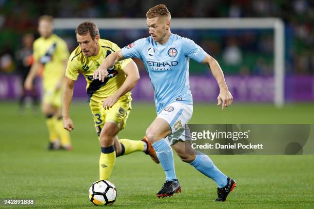 Oliver Bozanic of Melbourne City runs with the ball during the round 26 A-League match between Melbourne City and the Central Coast Mariners at AAMI...