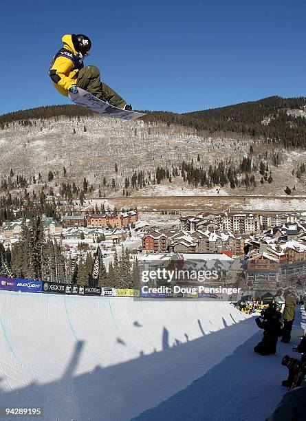 Danny Davis of the USA spins above the pipe during the US Snowboarding Grand Prix Men's Qualifier on the Main Vein Half Pipe on December 11, 2009 in...