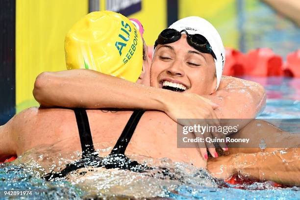 Kylie Masse of Canada and Emily Seebohm of Australia embrace following the Women's 100m Backstroke Final on day three of the Gold Coast 2018...