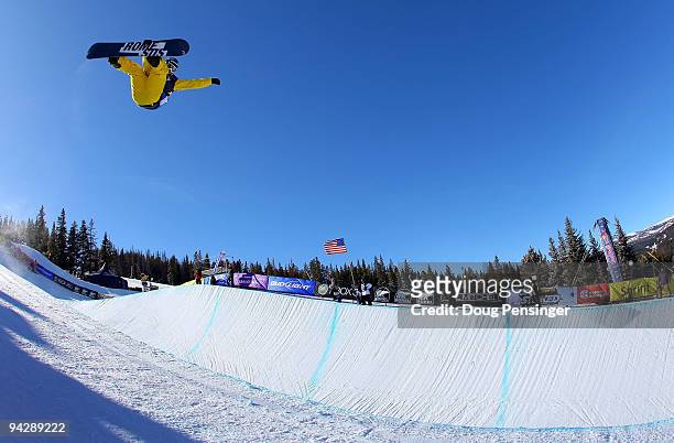 Dominic Harington of Great Britain does a frontside air above the pipe during the US Snowboarding Grand Prix Men's Qualifier on the Main Vein Half...