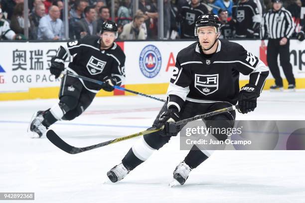 Trevor Lewis of the Los Angeles Kings skates on ice during a game against the Minnesota Wild at STAPLES Center on April 5, 2018 in Los Angeles,...