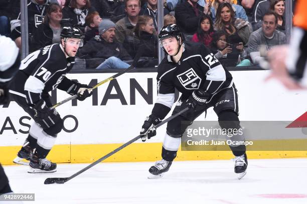 Dustin Brown of the Los Angeles Kings handles the puck during a game against the Minnesota Wild at STAPLES Center on April 5, 2018 in Los Angeles,...