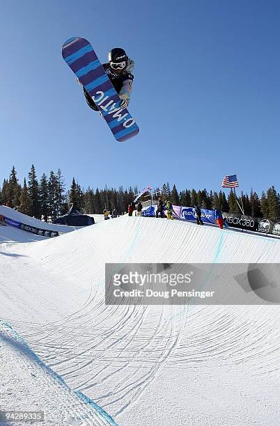 Fredrik Austbo of Norway does an aerial above the pipe during the US Snowboarding Grand Prix Men's Qualifier on the Main Vein Half Pipe on December...
