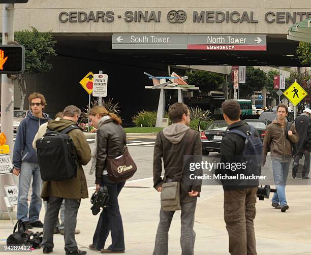 Group of journalists wait outside Cedars-Sinai Medical Center to hear news about French singer Johnny Hallyday's drug-induced coma after surgery on...