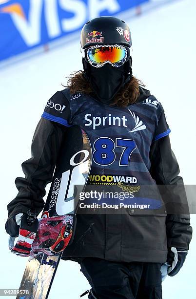 Shaun White of the USA looks on after taking a run in the US Snowboarding Grand Prix Men's Qualifier on the Main Vein Half Pipe on December 11, 2009...