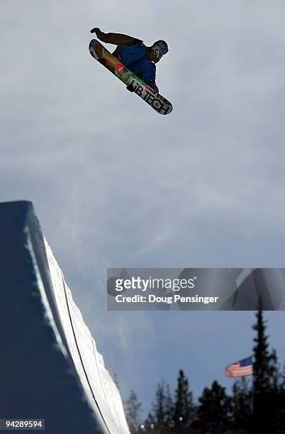 Greg Bretz of the USA goes airborne above the pipe during the US Snowboarding Grand Prix Men's Qualifier on the Main Vein Half Pipe on December 11,...