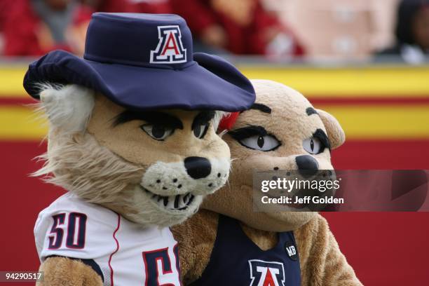 Arizona Wildcats mascots Wilbur the Wildcat and Wilma The Wildcat pose during the game between the Arizona Wildcats and the USC Trojans on December...