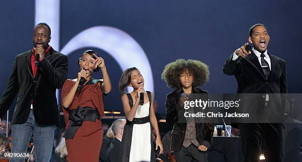 Wyclef Jean, Donna Summer, Will Smith, Jada Pinkett Smith and Jaden Smith and Willow Smith sing on stage during the Nobel Peace Prize Concert at Oslo...