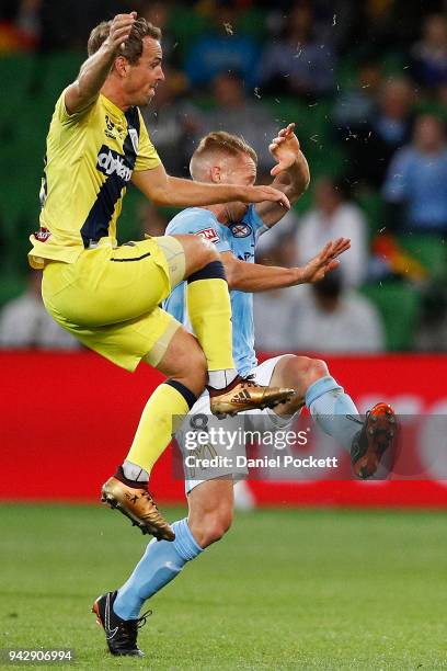 Oliver Bozanic of Melbourne City and Wout Brama of Central Coast Mariners contest the ball during the round 26 A-League match between Melbourne City...