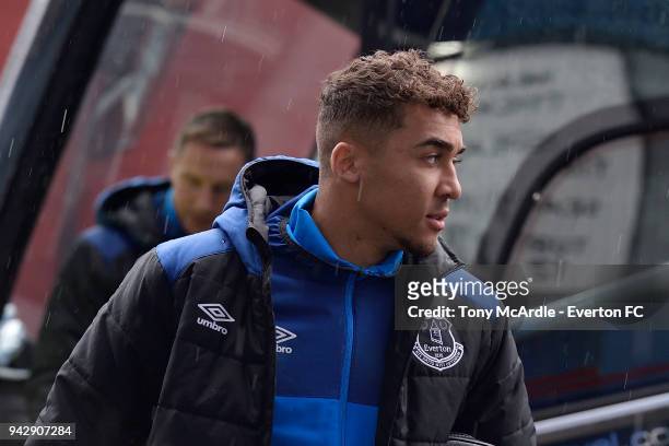 Dominic Calvert-Lewin arrives before the Premier League match between Everton and Liverpool at Goodison Park on April 7, 2018 in Liverpool, England.