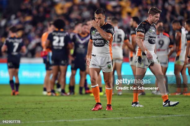 Luke Brooks of the Tigers reacts during the round five NRL match between the Wests Tigers and the Melbourne Storm at Mt Smart Stadium on April 7,...