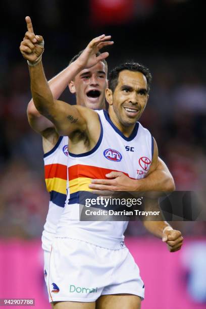 Eddie Betts of the Crows celebrates a goal during the round three AFL match between the St Kilda Saints and the Adelaide Crows at Etihad Stadium on...