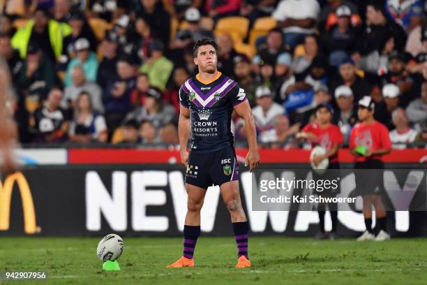 Brodie Croft of the Storm looks to kick a conversion during the round five NRL match between the Wests Tigers and the Melbourne Storm at Mt Smart...