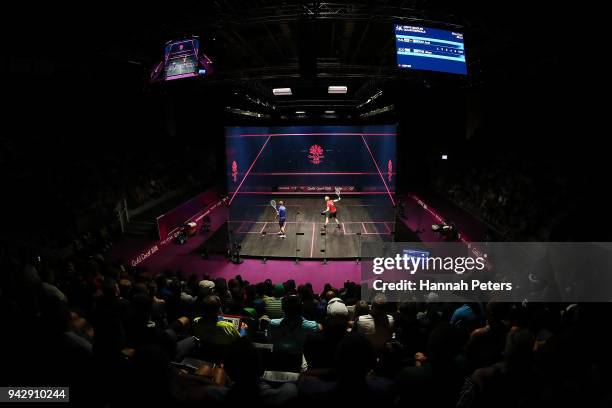 Joel Makin of Wales plays a backhand during his Men's Singles Quarter Final match against Alan Clyne of Scotland on day three of the Gold Coast 2018...