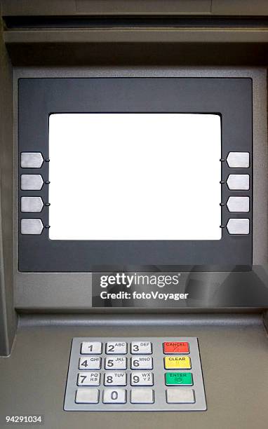 leere abgeschirmte bankangestellter machine - atm screen stock-fotos und bilder