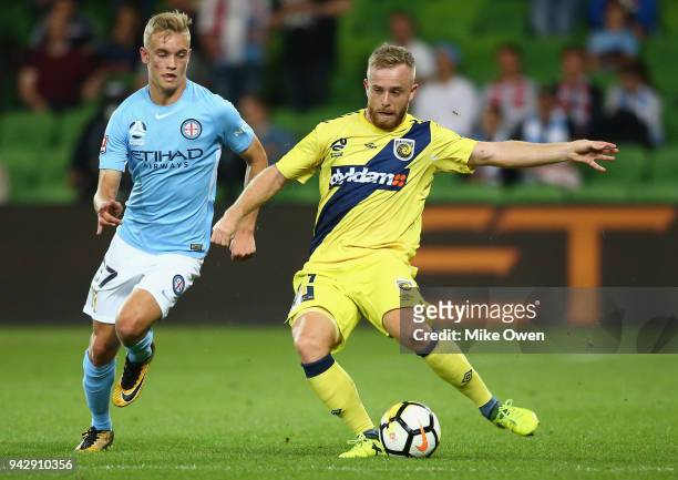 Connor Pain of the Mariners controls the ball during the round 26 A-League match between Melbourne City and the Central Coast Mariners at AAMI Park...