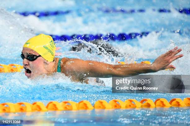 Madeline Groves of Australia competes during the Women's 50m Butterfly Semifinal 2 on day three of the Gold Coast 2018 Commonwealth Games at Optus...