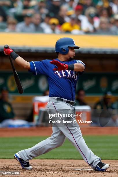 Juan Centeno of the Texas Rangers at bat against the Oakland Athletics during the second inning at the Oakland Coliseum on April 5, 2018 in Oakland,...