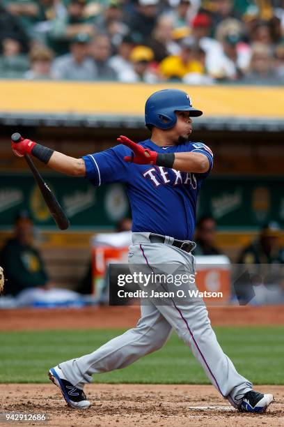Juan Centeno of the Texas Rangers at bat against the Oakland Athletics during the second inning at the Oakland Coliseum on April 5, 2018 in Oakland,...
