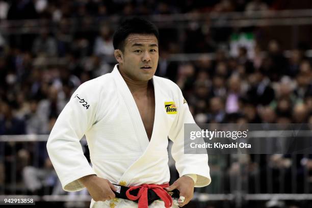 Soichi Hashimoto reacts after winning the Men's -73kg final match against Masashi Ebinuma on day one of the All Japan Judo Championships by Weight...